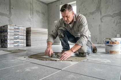 Carreleur posant des carreaux en grès cérame gris sur un sol de cuisine en rénovation