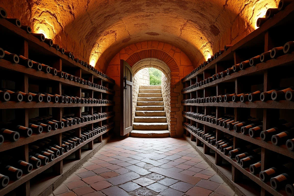 Cave à vin voûtée en pierre avec casiers en chêne et bouteilles alignées dans une maison ancienne rénovée