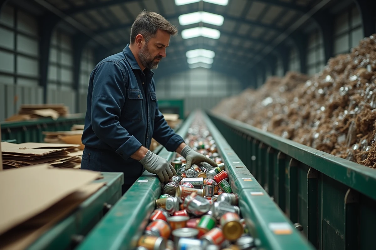Agent de tri dans un centre de recyclage industriel triant des matériaux sur un tapis roulant