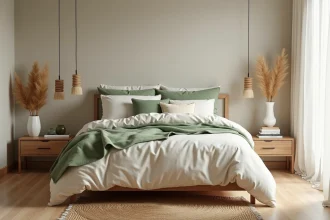 Chambre décorée avec literie en lin ivoire et vert sauge, table de nuit en bois avec vase en céramique et herbes de la pampa séchées