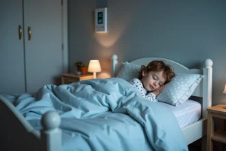 Enfant endormi dans une chambre fraîche à 16 degrés avec thermomètre mural et couette chaude
