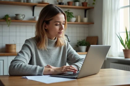 Femme remplissant un formulaire de changement d'adresse en ligne sur un ordinateur portable dans une cuisine moderne