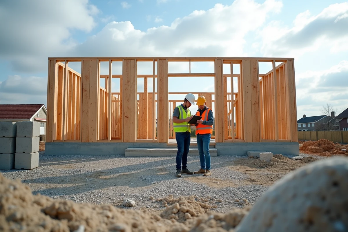 Chantier de construction d'une maison individuelle de 100m2 avec charpente bois et ouvriers