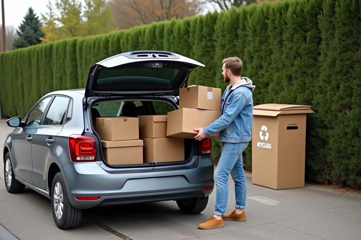 Deux personnes chargeant des cartons aplatis dans une voiture devant une déchetterie pour les recycler après un déménagement