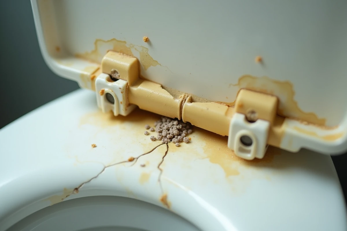 Gros plan sur une charnière de siège de toilette fissurée avec des fractures visibles dans le plastique vieilli