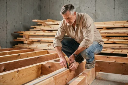 Charpentier mesurant une solive en bois massif sur un chantier de construction de plancher intérieur