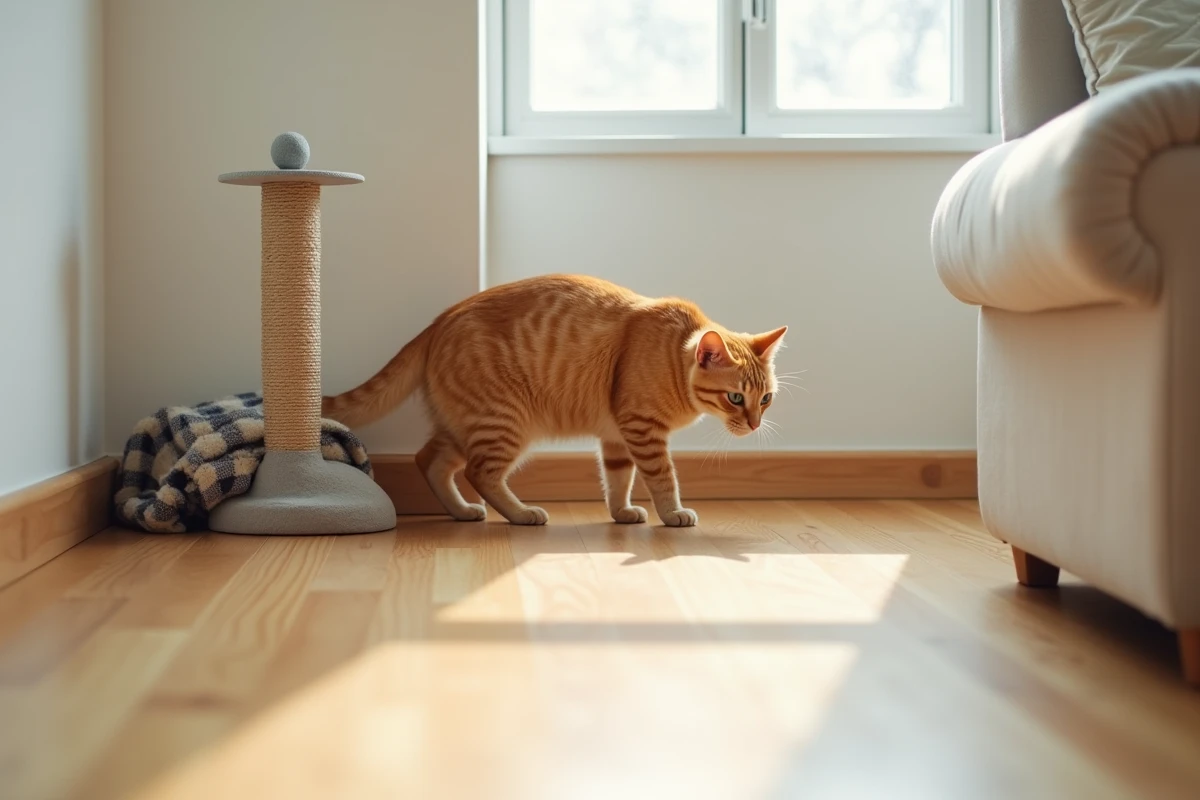 Chat roux explorant un nouvel appartement avec ses accessoires familiers après un déménagement