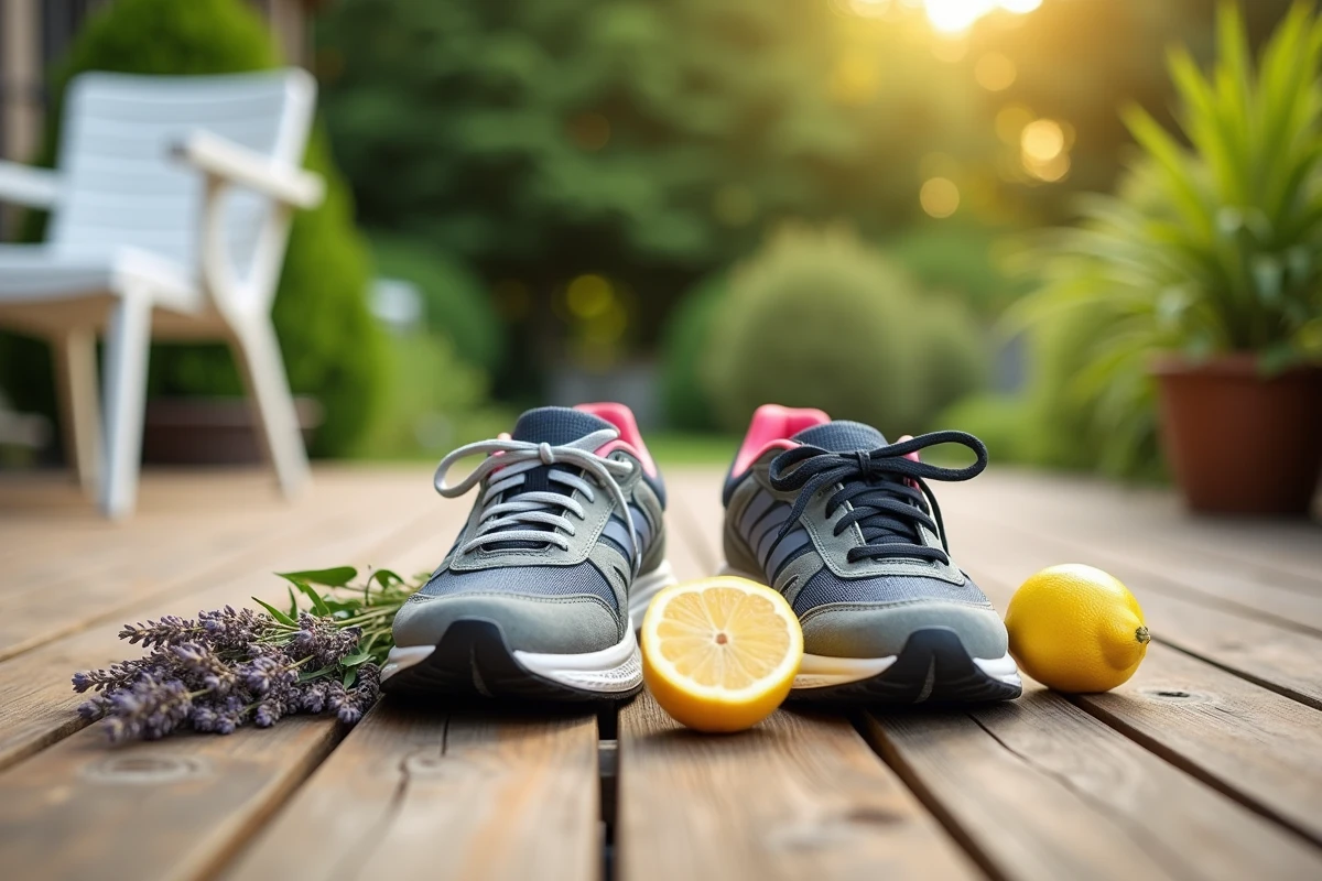 Chaussures de sport retournées sur une terrasse en bois avec des citrons et de la lavande séchée pour neutraliser les odeurs naturellement