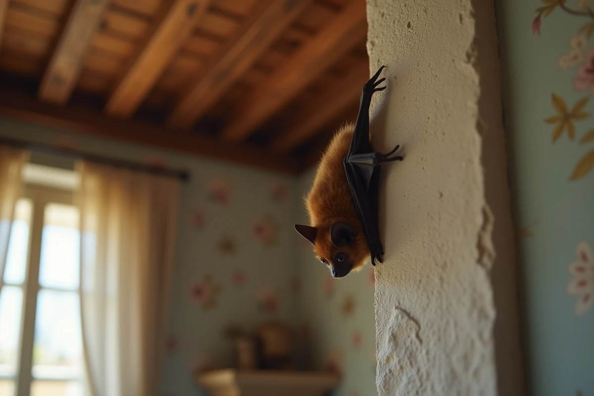 Chauve-souris accrochée au mur d'un salon français près du plafond, ailes repliées, texture de fourrure visible en gros plan