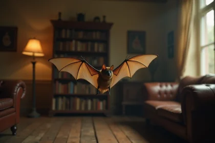Une chauve-souris en plein vol dans un salon avec canapé en cuir et bibliothèque, ailes déployées révélant la texture fine de la membrane