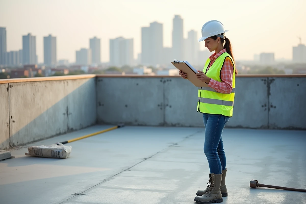 Femme cheffe de chantier vérifiant le temps de séchage du béton sur une terrasse en construction