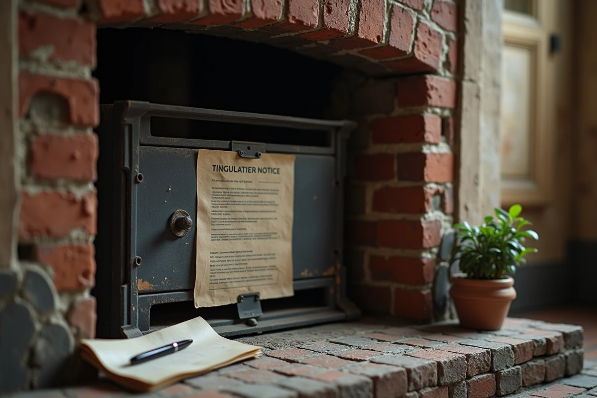 Cheminée ancienne condamnée avec une notice administrative dans un appartement parisien, illustrant l'interdiction réglementaire