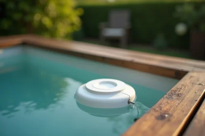 Diffuseur de chlore flottant dans un spa en bois extérieur, illustrant les risques de l'utilisation du chlore dans un spa