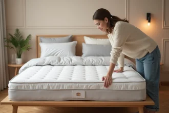 Femme testant la fermeté d'un matelas dans une chambre moderne et épurée pour choisir le meilleur matelas