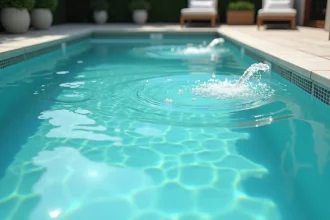 Jets de circulation créant des ondulations dans une piscine extérieure moderne avec carrelage en pierre claire