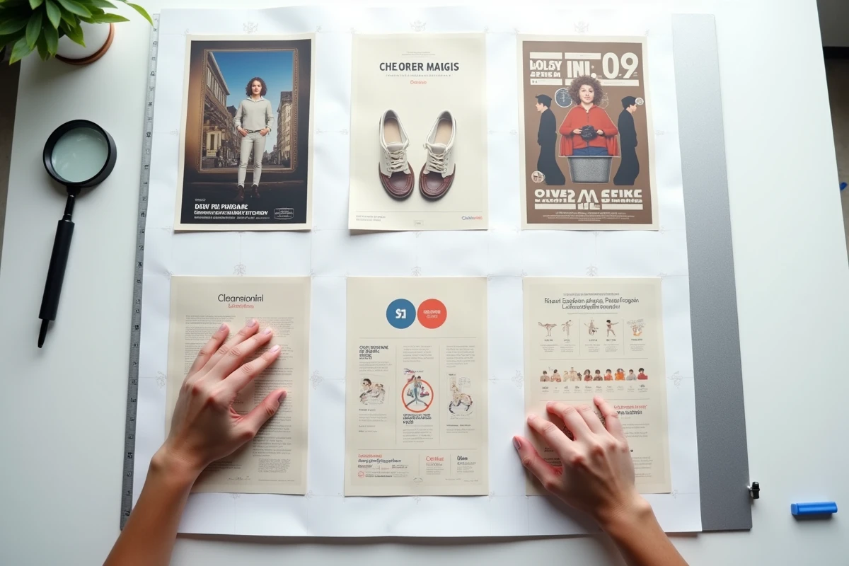 Vue aérienne de six types d'affiches différentes disposées sur une table à dessin dans un studio d'impression