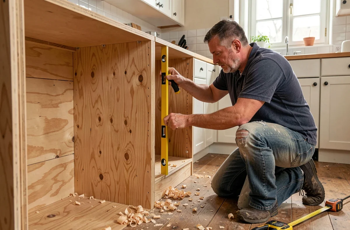 Artisan cuisiniste Claude Pancher posant des meubles de cuisine dans un logement de la Sarthe