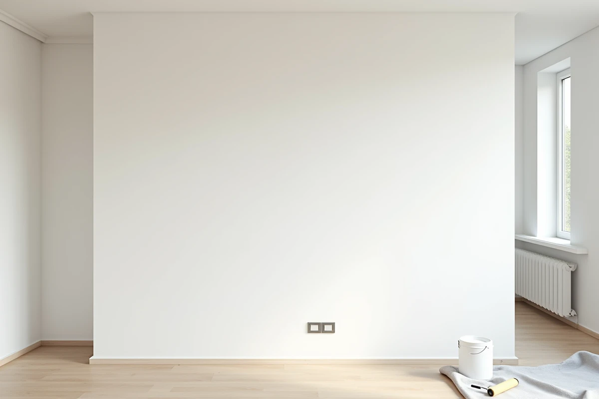 Cloison en placo finalisée et peinte en blanc dans un appartement en cours de rénovation, sans rail apparent