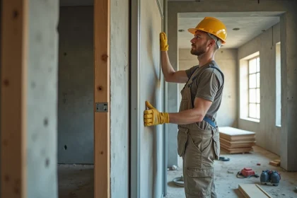 Ouvrier en train de fixer une plaque de placo sur un rail métallique dans une pièce en rénovation
