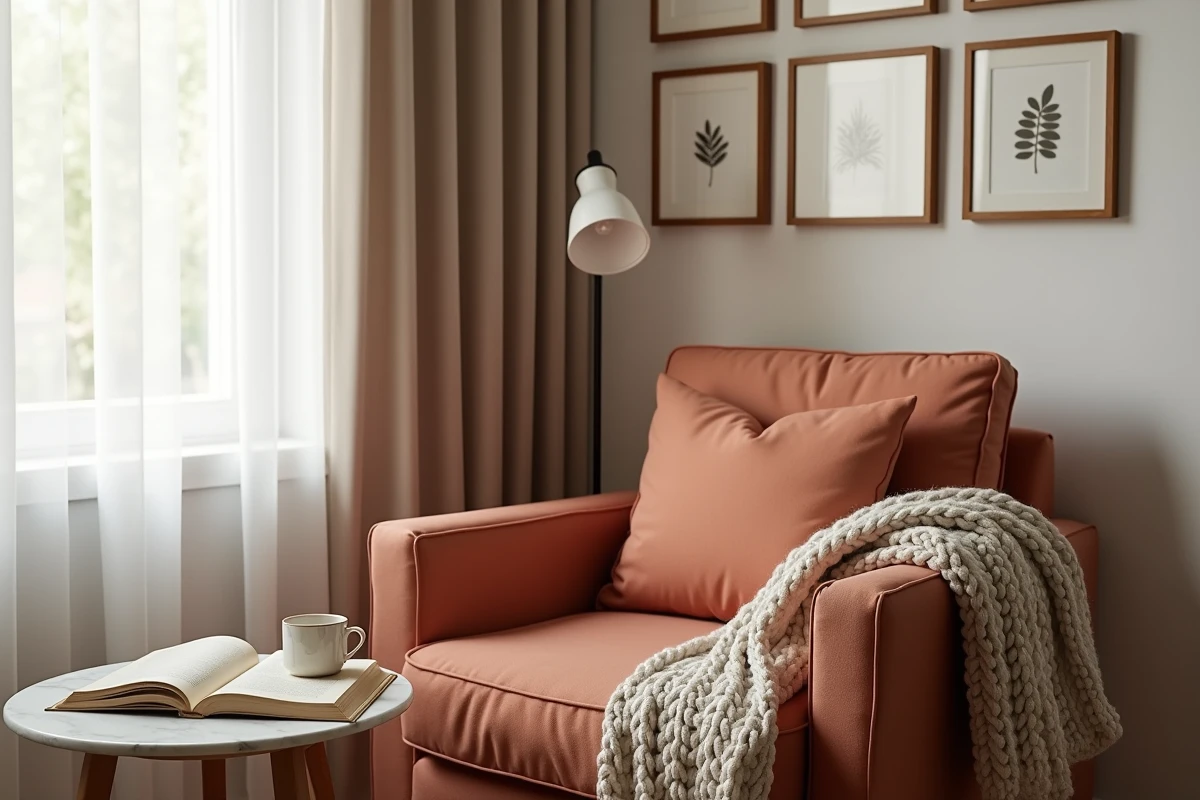 Coin lecture cosy dans une chambre avec fauteuil en lin terracotta, table en marbre, plaid en laine et cadres botaniques au mur