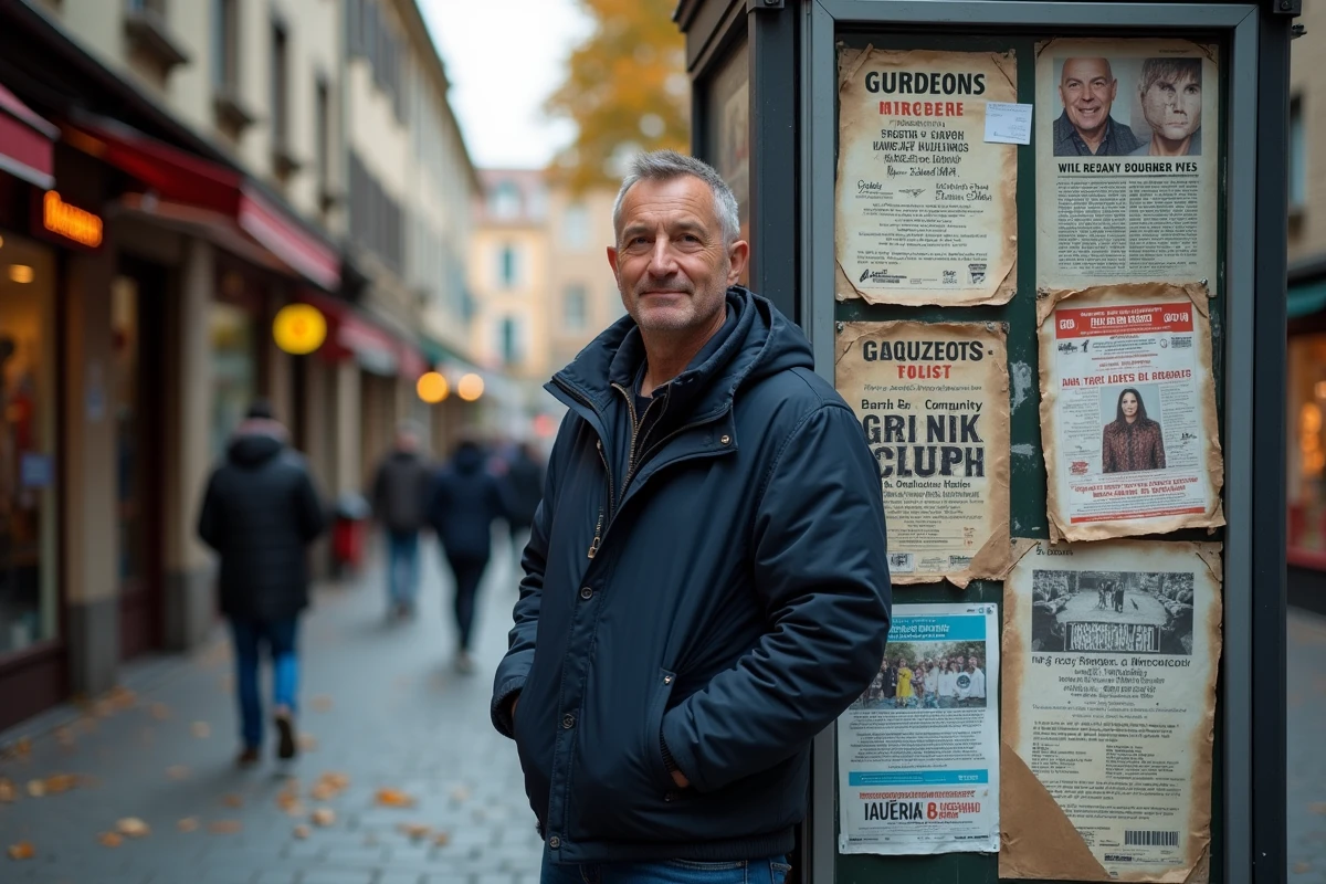 Homme devant une colonne Morris couverte d'affiches variées dans une rue pavée européenne en automne
