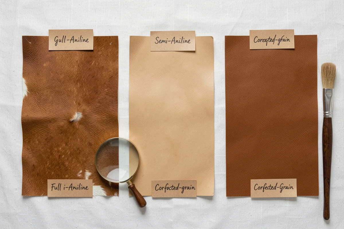 Comparaison de trois types de cuir côte à côte — cuir aniline pleine fleur, semi-aniline et cuir corrigé — pour identifier les signes de qualité à l'achat