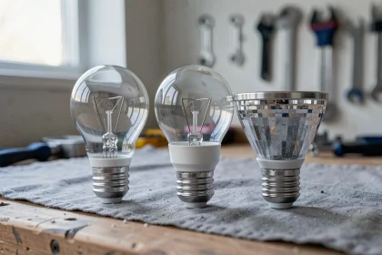 Trois ampoules LED avec différents culots E27 E14 et GU10 posées sur un établi en bois, comparaison de culots pour LED dimmable