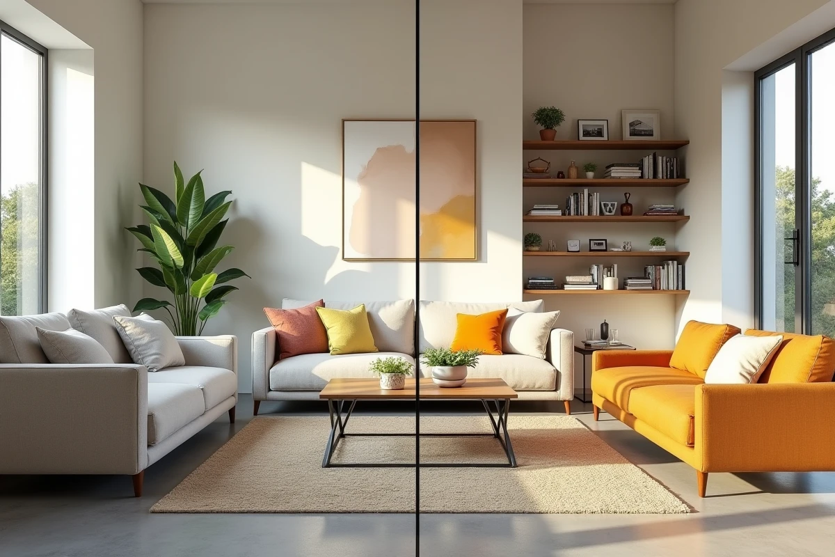 Comparaison visuelle entre home staging épuré et décoration personnalisée dans un même salon