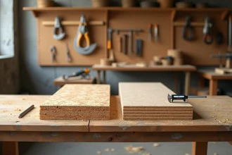 Comparaison de panneaux OSB et aggloméré côte à côte sur un établi de menuisier, montrant leur structure interne et texture de surface
