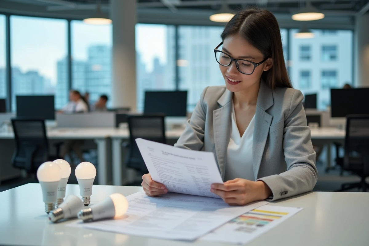 Femme professionnelle comparant des fiches techniques de différentes technologies de lampes LED dans un bureau moderne