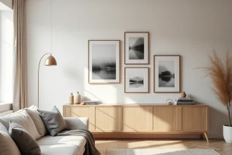 Mur de salon avec cinq tableaux encadrés disposés en composition symétrique au-dessus d'un buffet en chêne clair