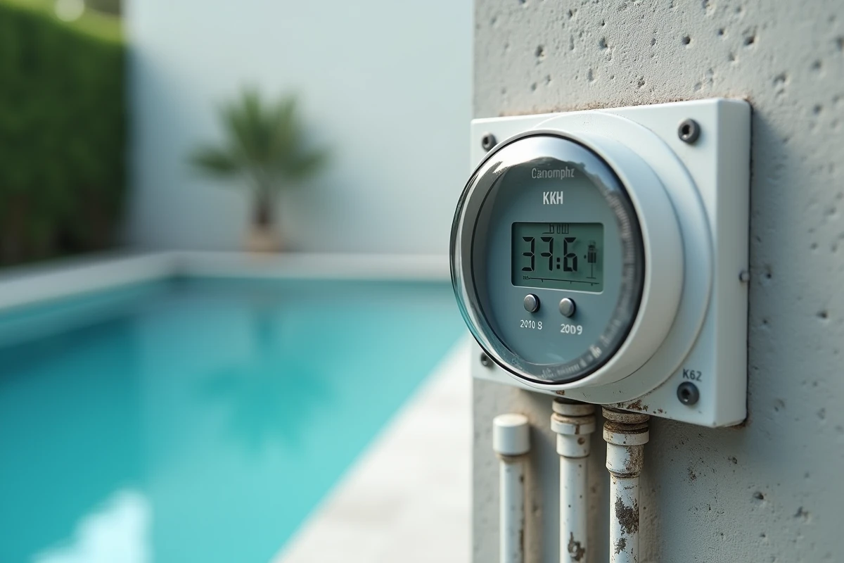 Compteur d'énergie numérique affichant la consommation en kWh d'un chauffe-piscine