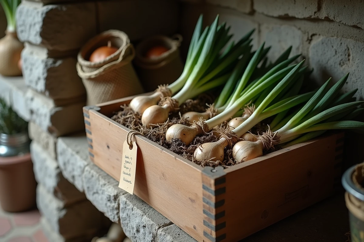 Bulbes de lys stockés dans une caisse en bois avec de la tourbe sèche et des étiquettes manuscrites dans une cave fraîche