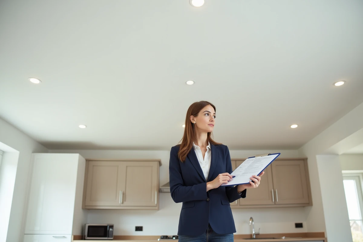 Consultante en rénovation évaluant un faux plafond blanc terminé dans une cuisine moderne
