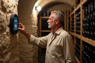 Homme inspectant un hygromètre numérique dans une cave à vin en pierre pour contrôler le taux d'humidité