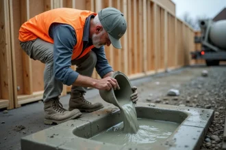 Ouvrier versant du béton frais dans un coffrage en bois sur un chantier de construction en extérieur