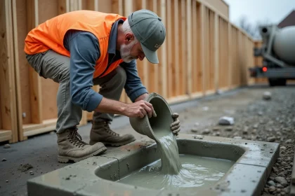 Ouvrier versant du béton frais dans un coffrage en bois sur un chantier de construction en extérieur