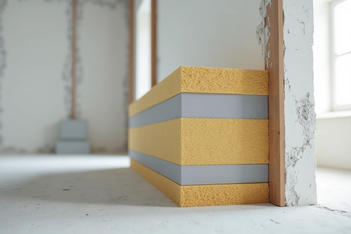 Coupe transversale de matériaux isolants phoniques haute densité pour mur mitoyen montrant les différentes couches