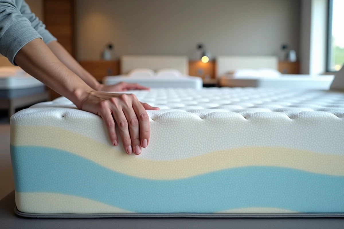 Gros plan sur les couches d'un matelas en mousse mémoire de forme coupé en section dans un magasin de literie