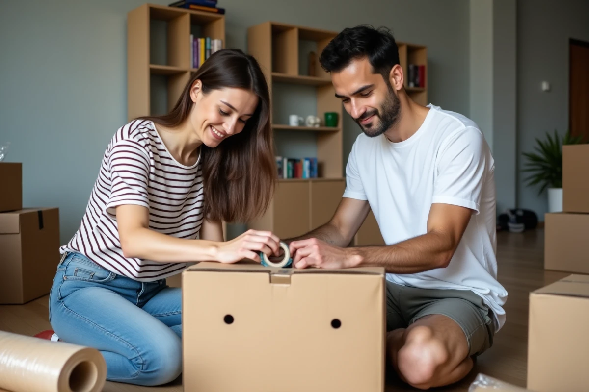 Couple assemblant et scotchant des cartons de déménagement dans un appartement en cours de vidage