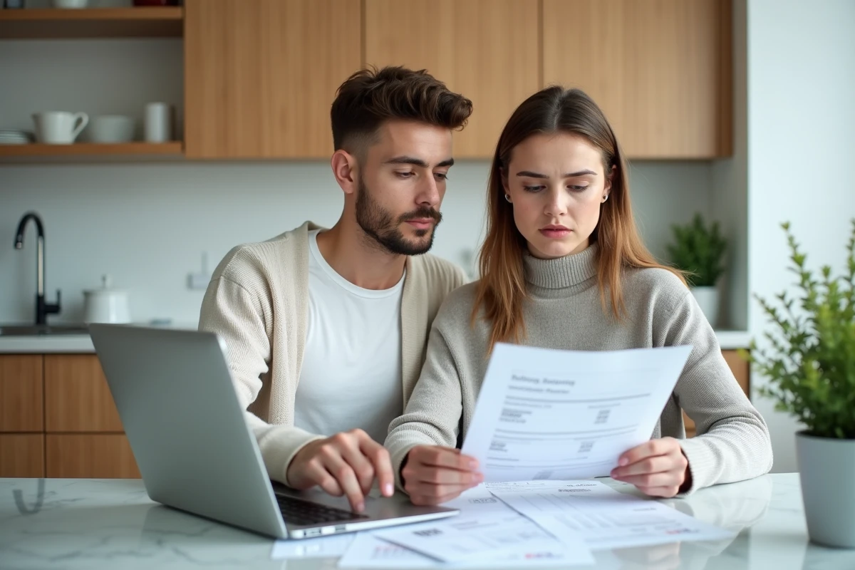 Couple analysant le budget de construction de leur maison de 100m2 avec documents et ordinateur portable