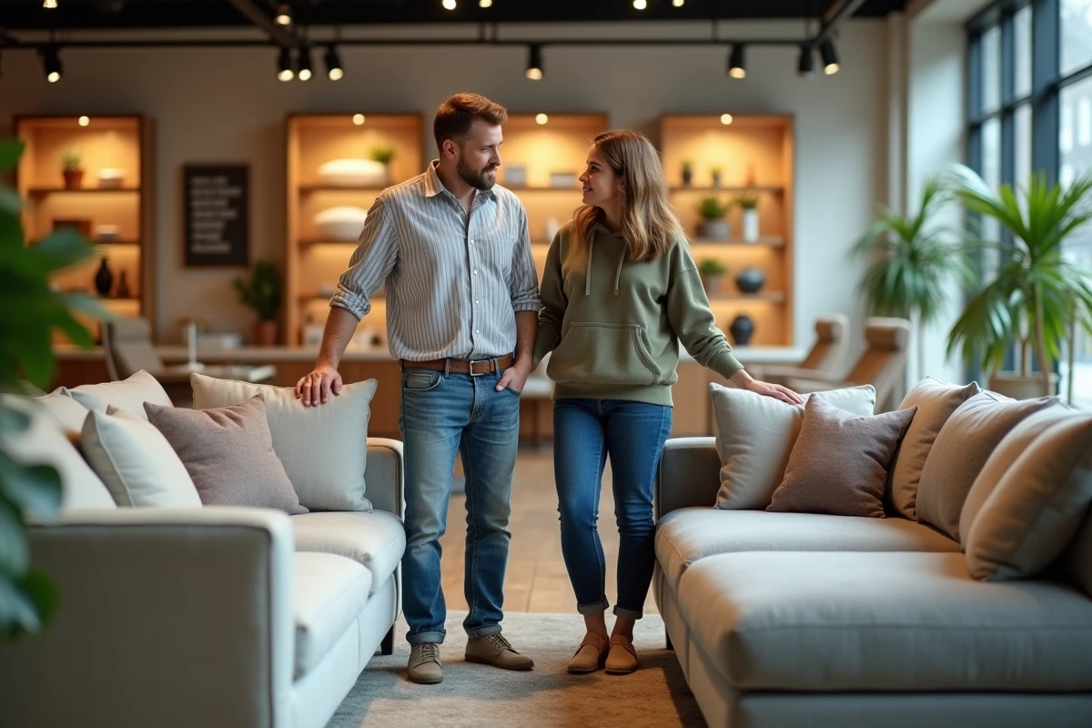 Couple comparant deux canapés dans un magasin de meubles pour trouver le plus confortable