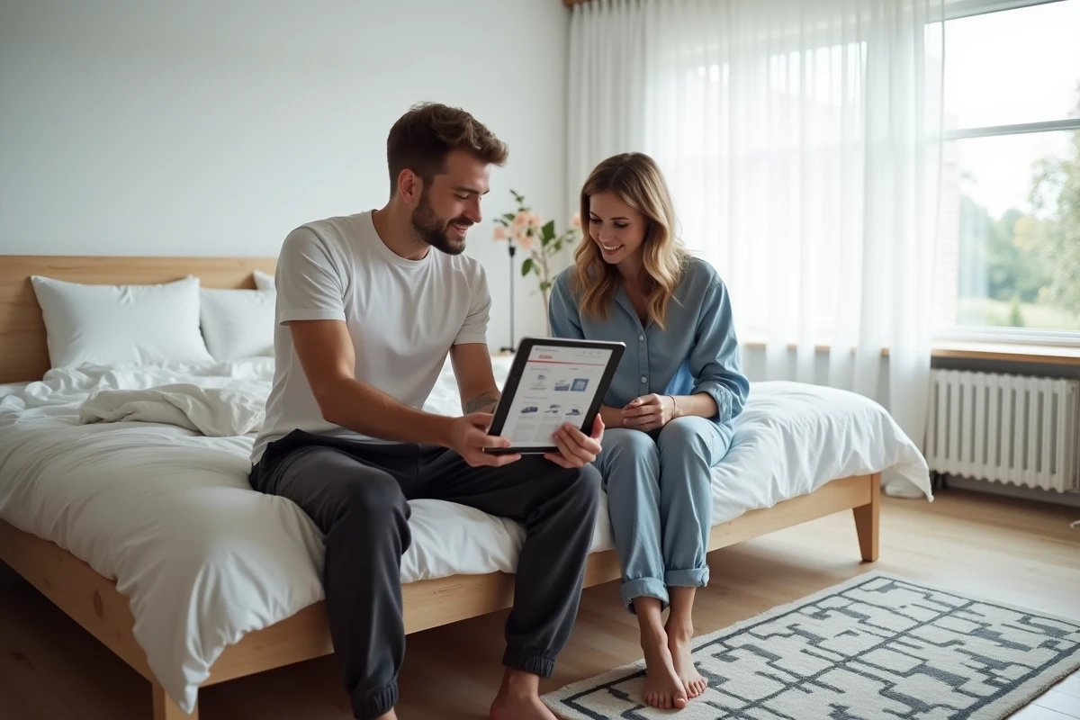 Couple comparant des matelas en ligne sur une tablette assis sur leur lit dans une chambre de style scandinave