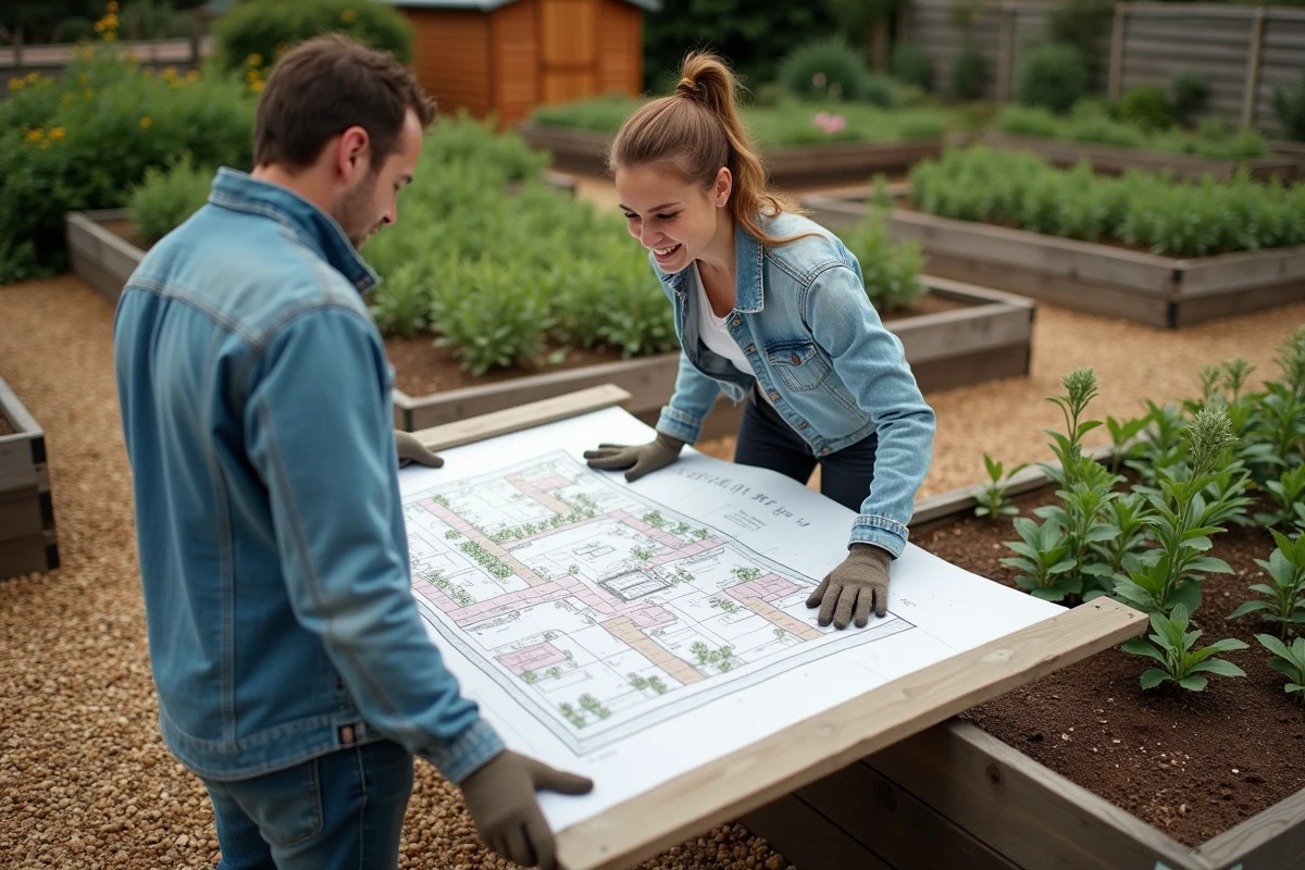 Couple de jardiniers consultant un plan de jardin dessiné à la main déroulé sur un carré potager en bois dans un jardin en saison de plantation