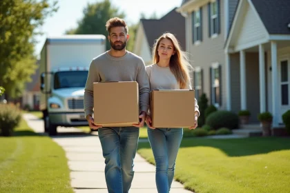 Jeune couple transportant des cartons lors d'un déménagement estival devant une maison de banlieue