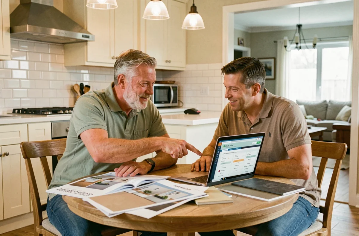 Couple discutant d'estimations de rénovation autour d'un ordinateur portable avec des échantillons de matériaux sur une table