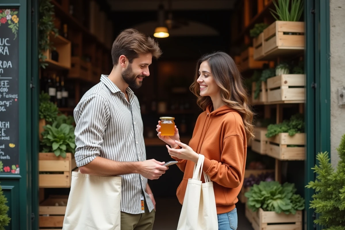 Couple tenant des sacs en tissu réutilisables devant une épicerie zéro déchet avec des légumes de saison et des panneaux en craie