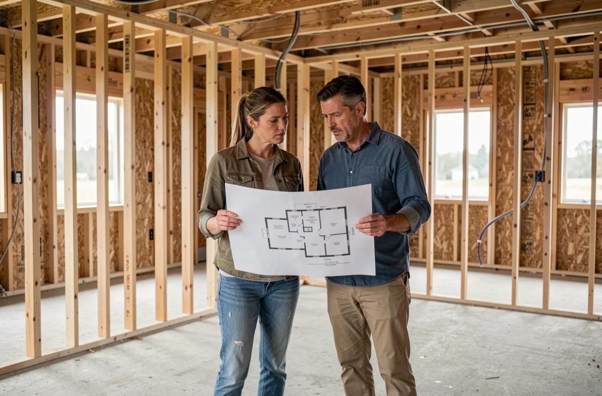 Couple examinant les plans d'une maison en L en construction pour éviter les erreurs de conception