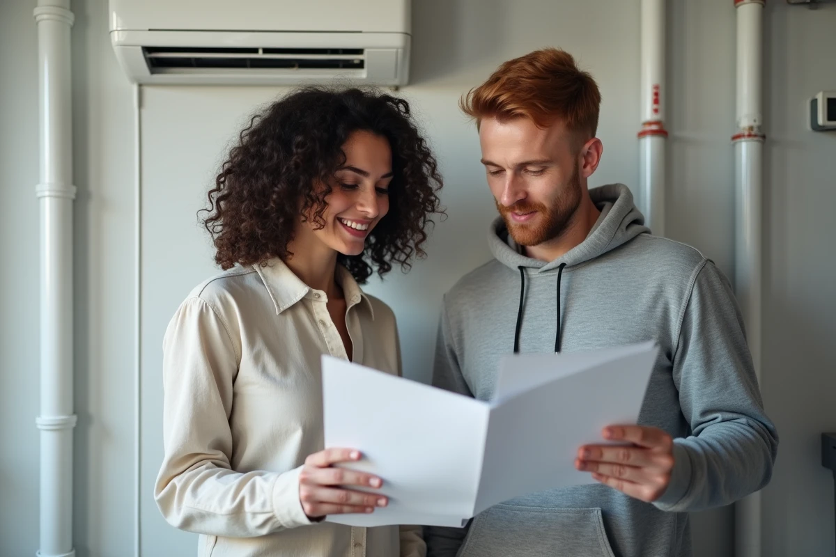 Couple examinant des documents d'efficacité énergétique devant une pompe à chaleur murale dans une buanderie moderne