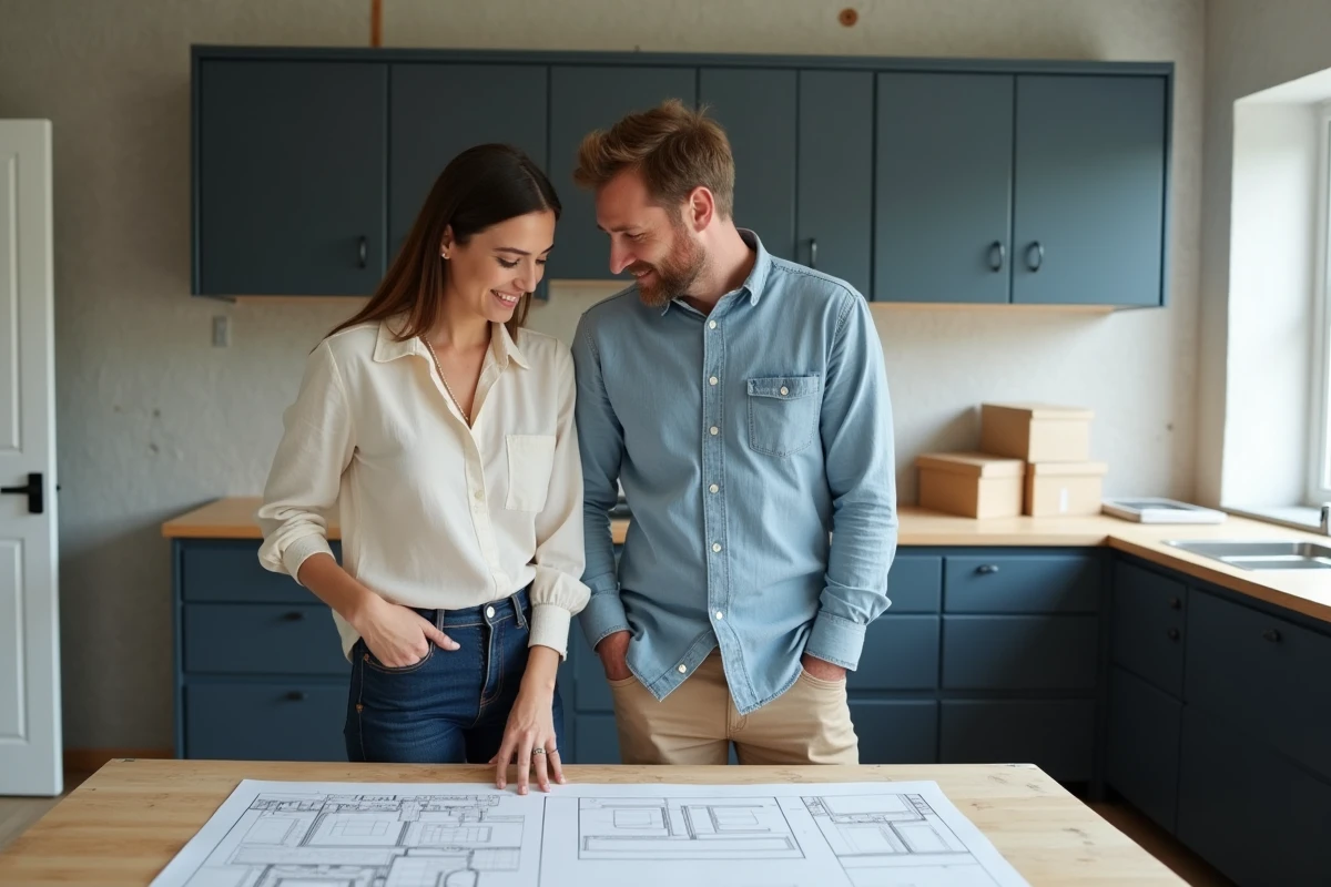Couple examinant des plans architecturaux dans une cuisine en cours de rénovation intérieure